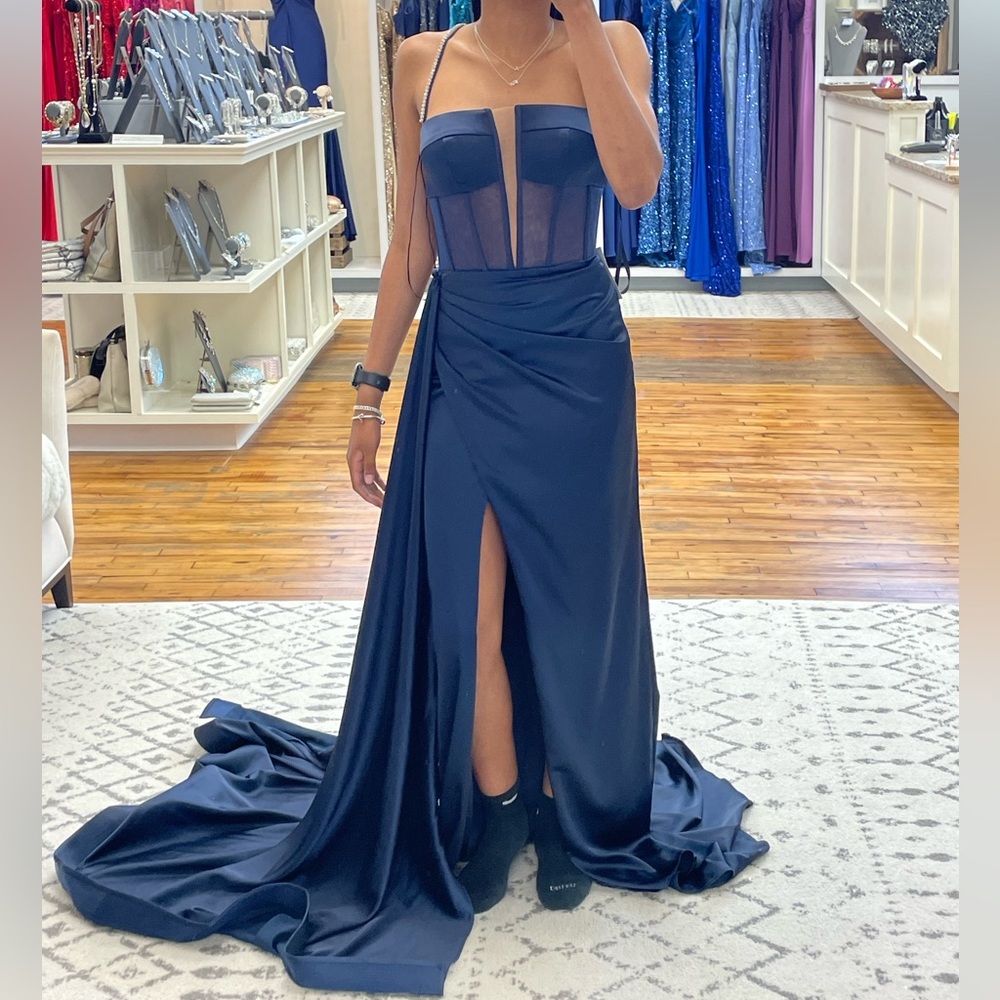 Navy blue Corset top dress with side train